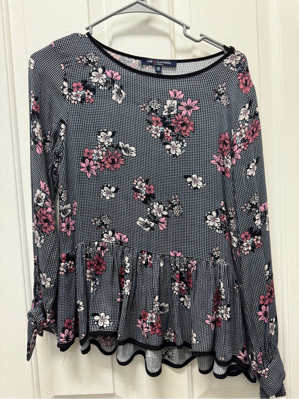 one clothing Black Floral Peplum Tunic with Pink & White Flowers